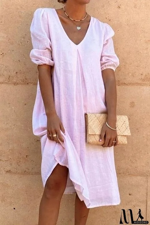 MidiSono - Casual Solid Loose V Neck Three-quarter Sleeve Dress