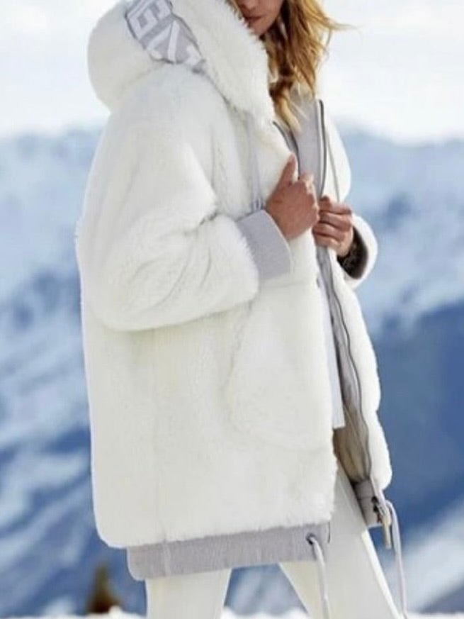 Women's White Plain Hooded Pocket Loosen Long Sleeve Coats