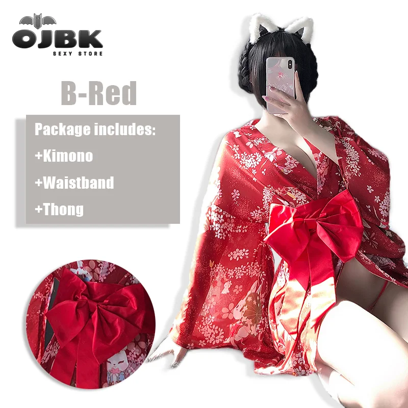 Billionm Japanese Kimono Sexy Cosplay Uniform For Women Soft Silk Belt 3pcs Set Red Pink Traditional Style Robe AV Costumes Pajamas 2020