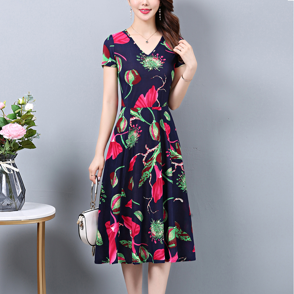 Fashion Women V-Neck Print Short Sleeve Casual Elegant Floral Dress