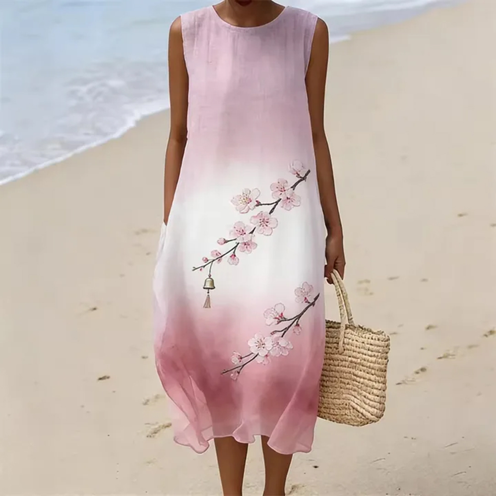 Comstylish Vintage Japanese-style Cherry Blossom And Wind Chime Art Embroidery Cotton Linen Dress