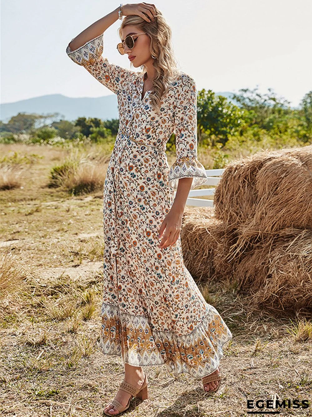 Bohemian Waist V-neck Floral Skirt Knee Length Skirt | EGEMISS