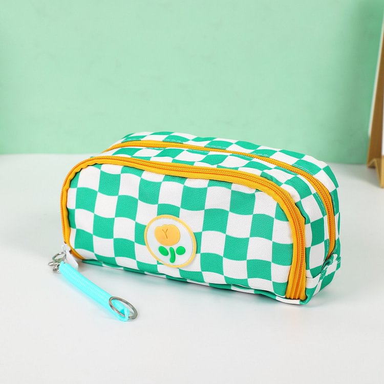 JOURNALSAY Large Capacity Checkerboard Canvas Pencil Case Multifunction Zipper Stationery Storage