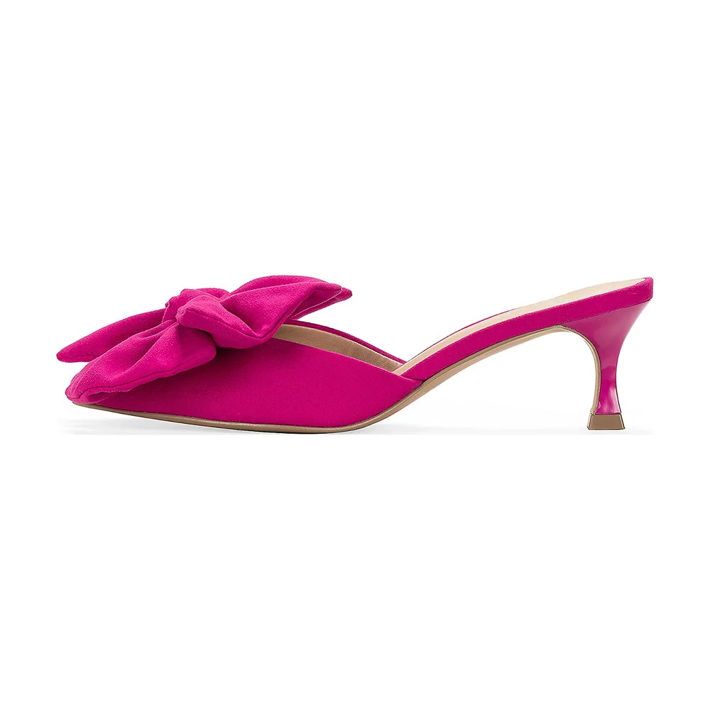 Fuchsia Flared Heel Pointed Toe Women's Mules Shoes with Bow