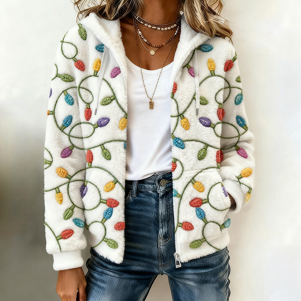 Vintage Christmas Lights Embroidered Full Zip Plush Hoodie elevenforest