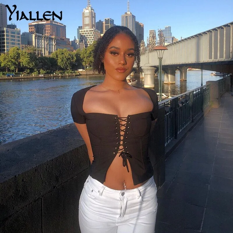 Yiallen Summer Sexy Chic Fashion Square Collar Lace Up Top and Blouse for Women Short Sleeve Top Blouses Elegant Vintage Hot