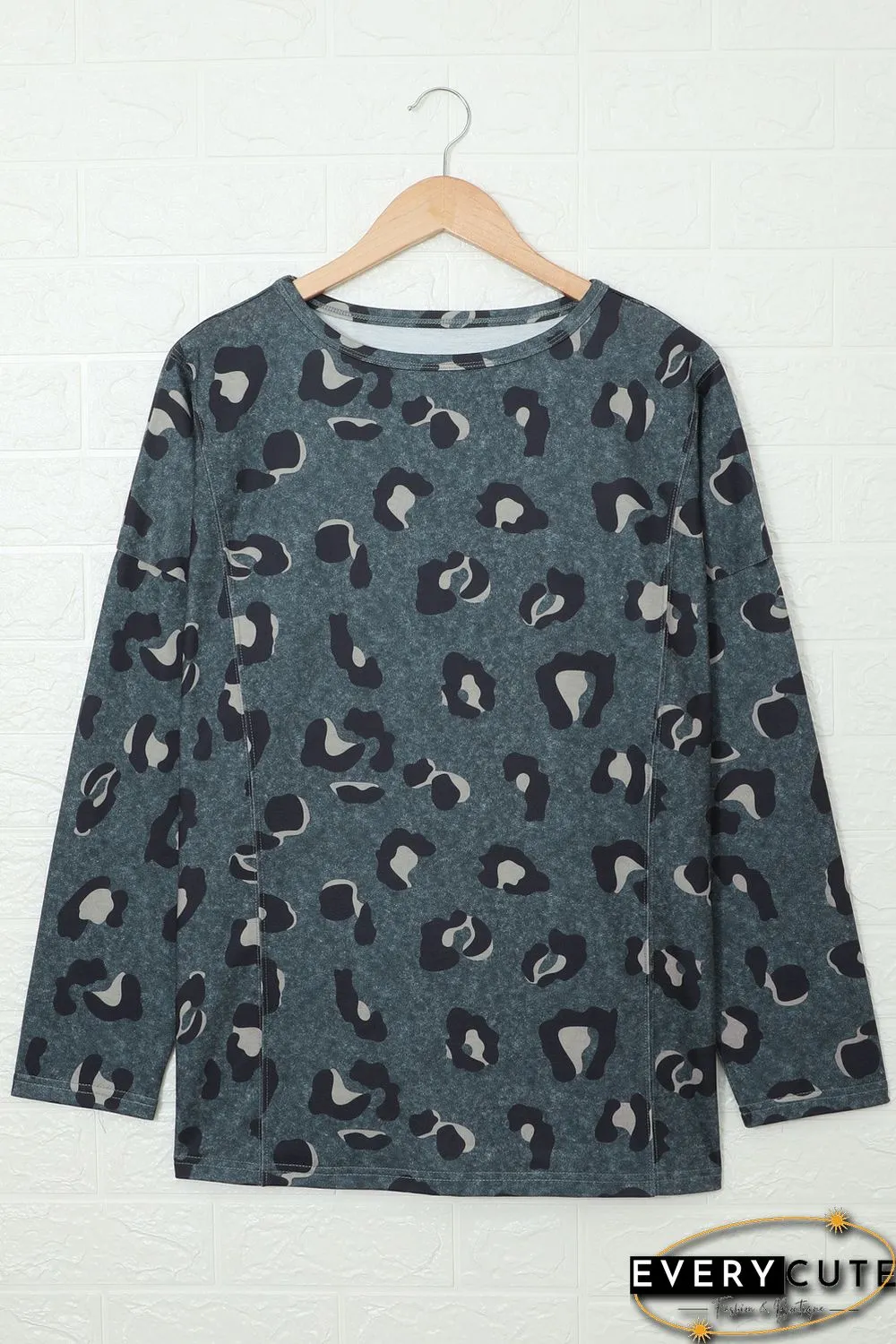Leopard Print Pullover Long Sleeve Top with Slits