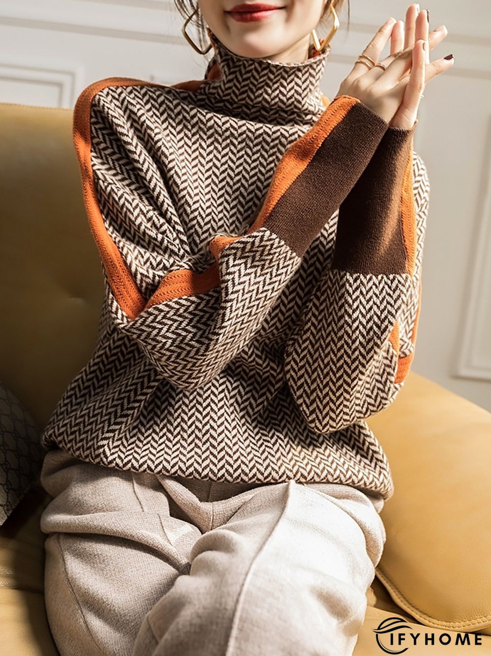 Coffee Long sleeve Turtleneck Daily Regular Fit Sweater | IFYHOME