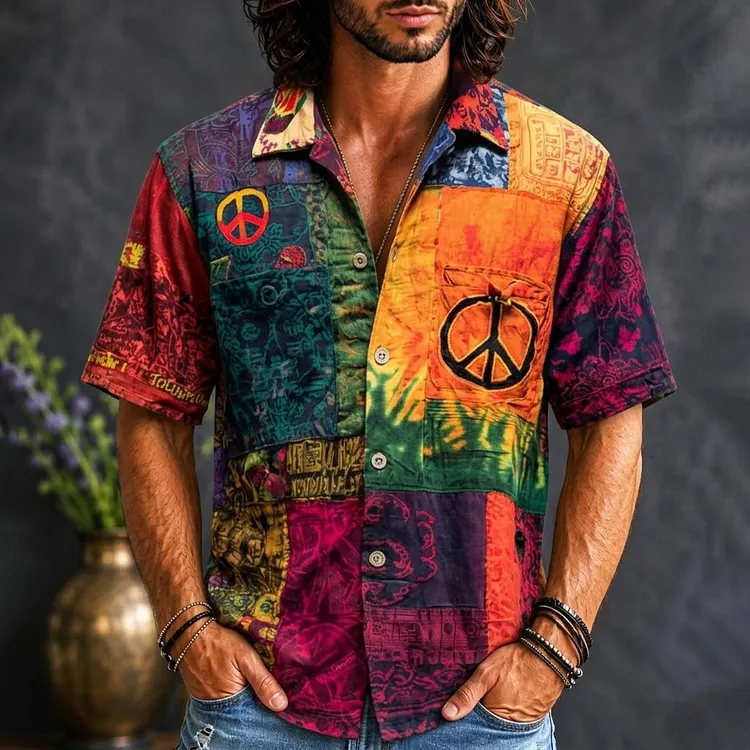 Men's Hippie Tie Dye Peace Sign Patchwork Print Shirt