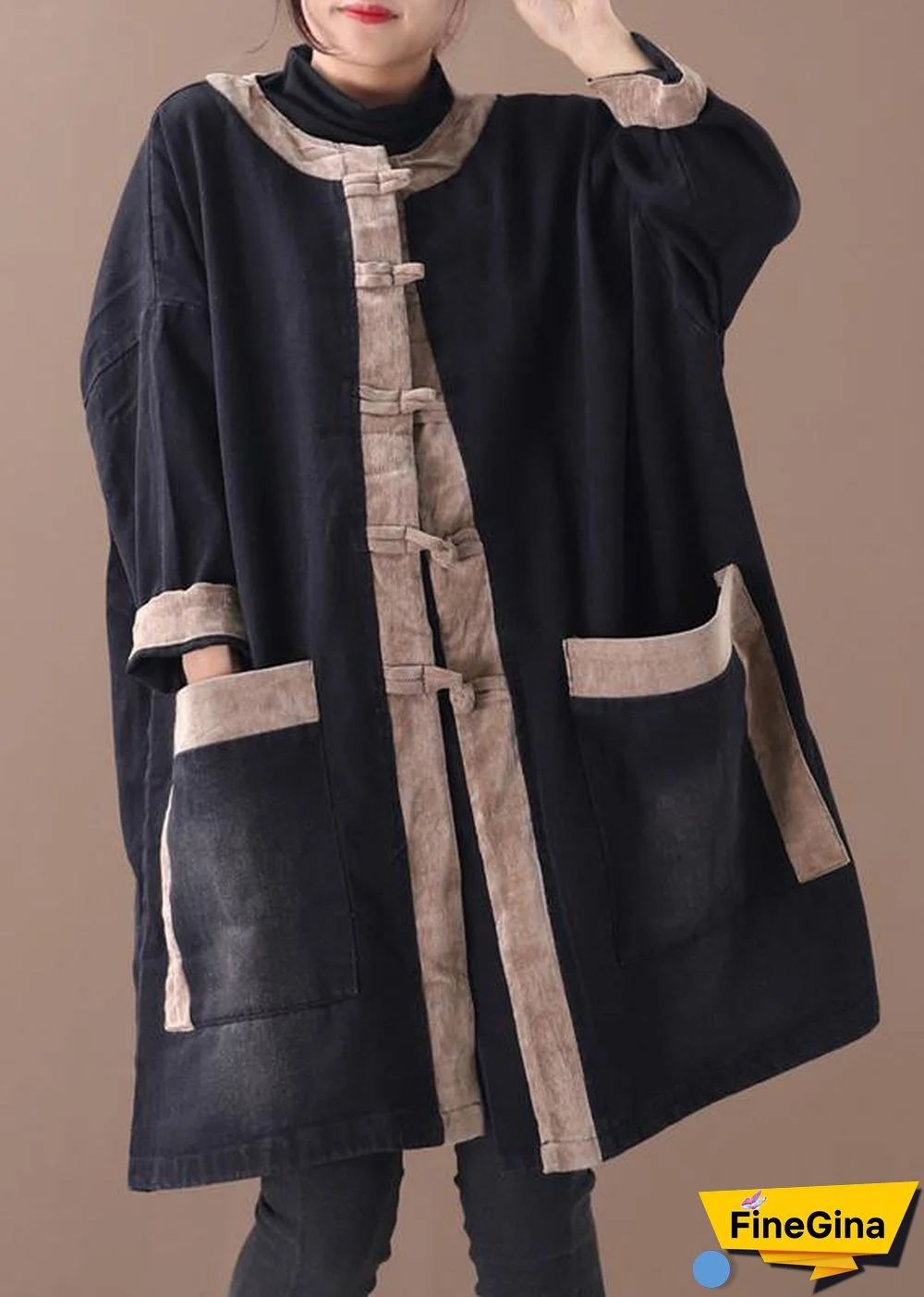 Elegant hooded Chinese Button Fashion clothes denim black patchwork khaki Plus Size Clothing coats