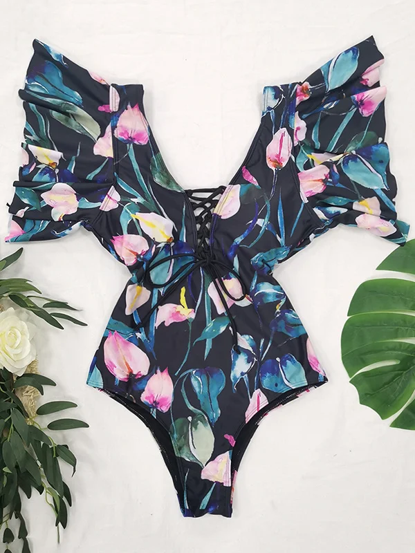Short Sleeve Falbala Backless Sexy One-Piece Swimwear