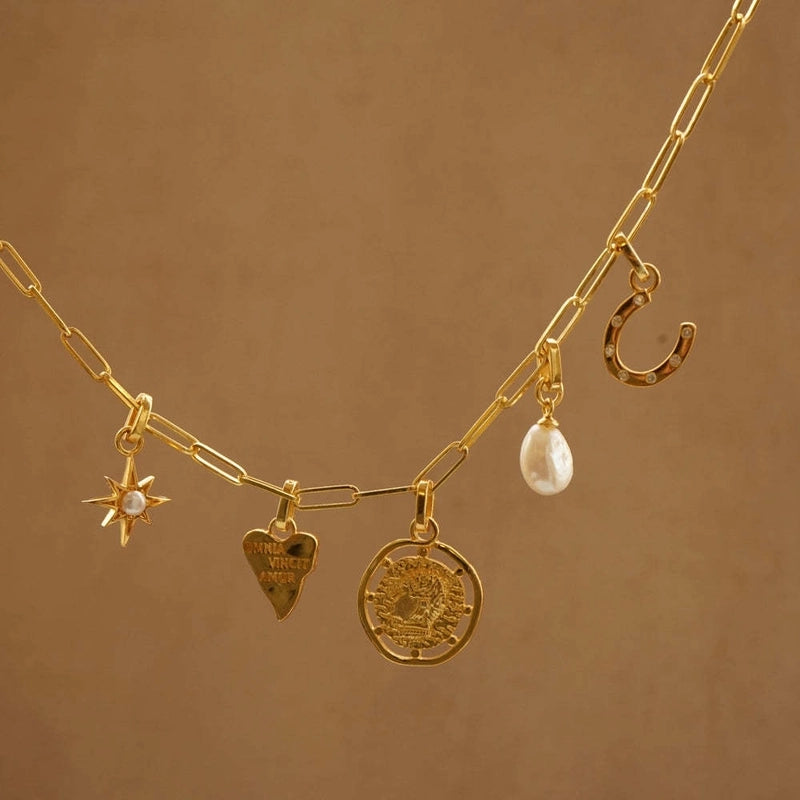 1 Piece 201 Stainless Steel 304 Stainless Steel 18K Gold Plated Pearl Coin Multi Charms Necklace