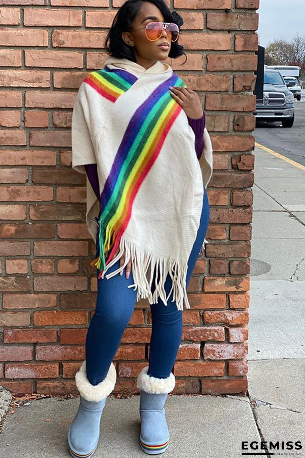 White Scarf Collar Rainbow Patchwork tassel Others Long Sleeve | EGEMISS