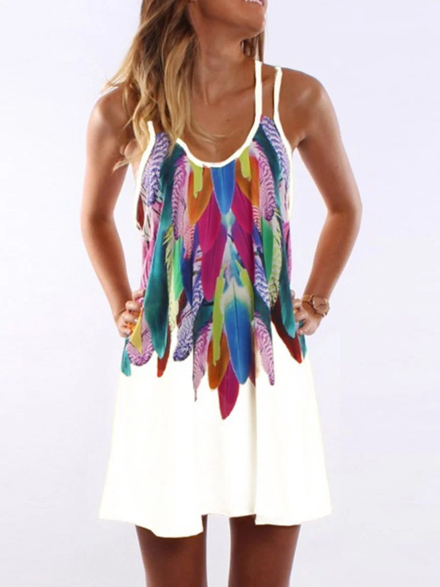 Round Neck Colorful Feather Printed Shift Dress