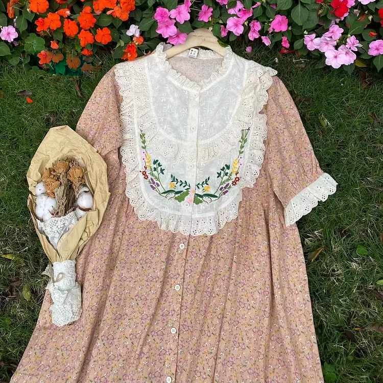 Queenfunky cottagecore style Lace Patchwork Embroidered Dress QueenFunky