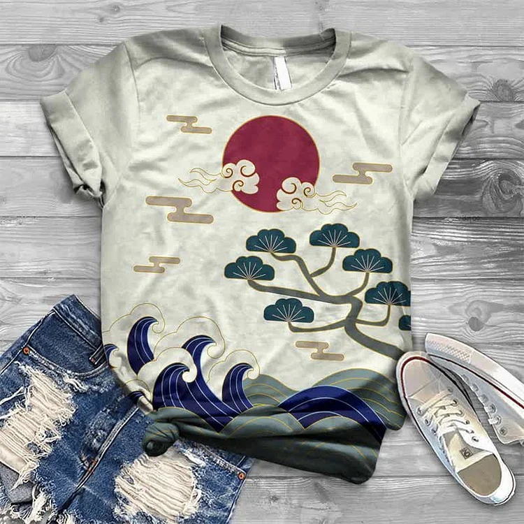 Pine Tree Red Sun Wave Japanese Print T-shirt