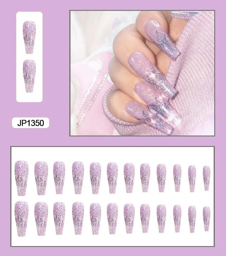 24PCS Dark Punk False Nails with Glue Gradient Long Detachable Fire Stick on Nails Skull Flame  Art DIY Fashion Manicure Tool-Nail Inspo