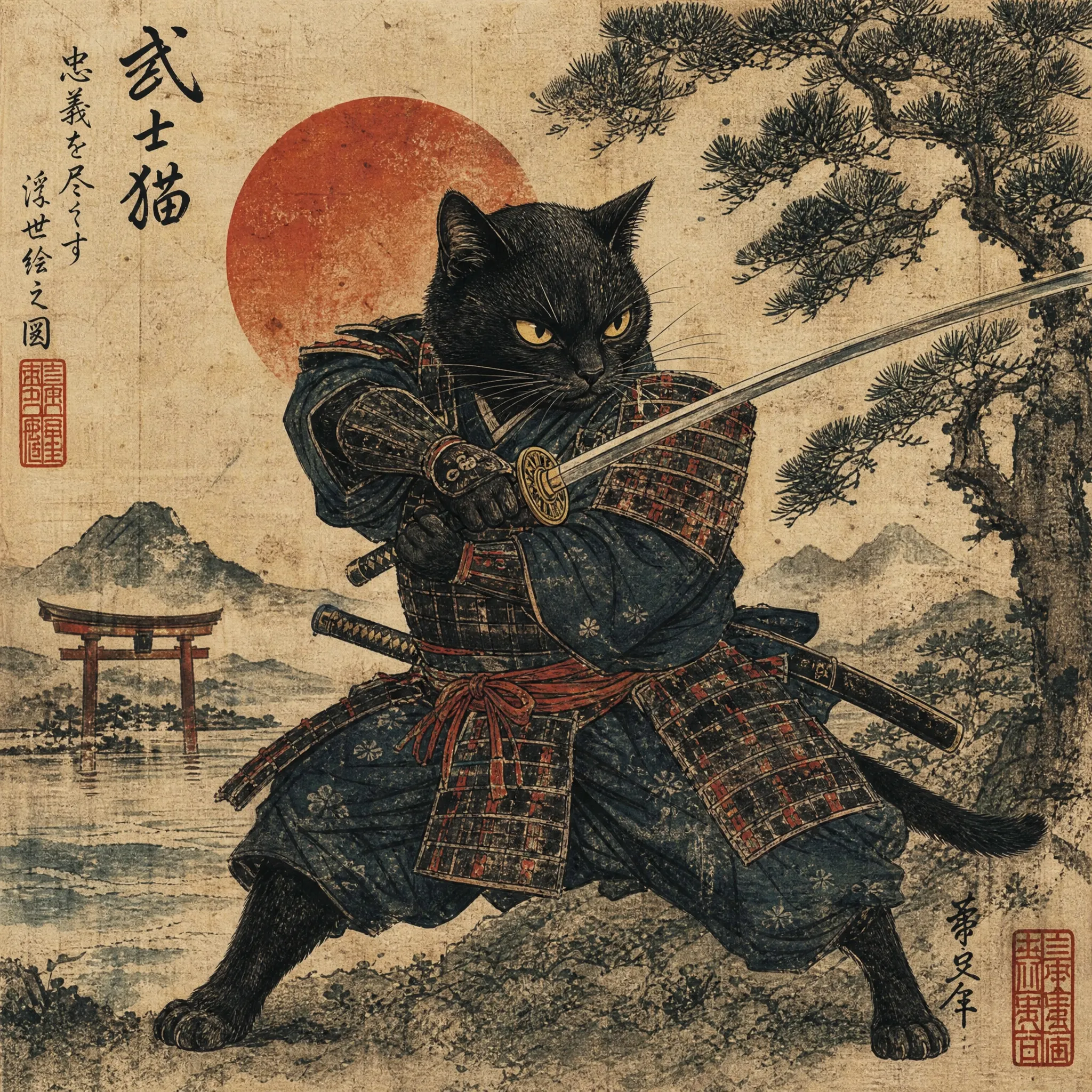 Cat Samurai ukiyo-e inspiration artwork