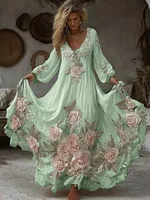 Women's Vintage Pink Floral Embroidery Art Comfy Linen Maxi Dress - Image 4