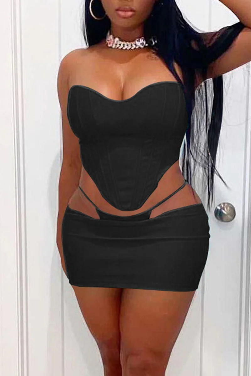 Sexy Solid Split Joint Asymmetrical Strapless Sleeveless Two Pieces