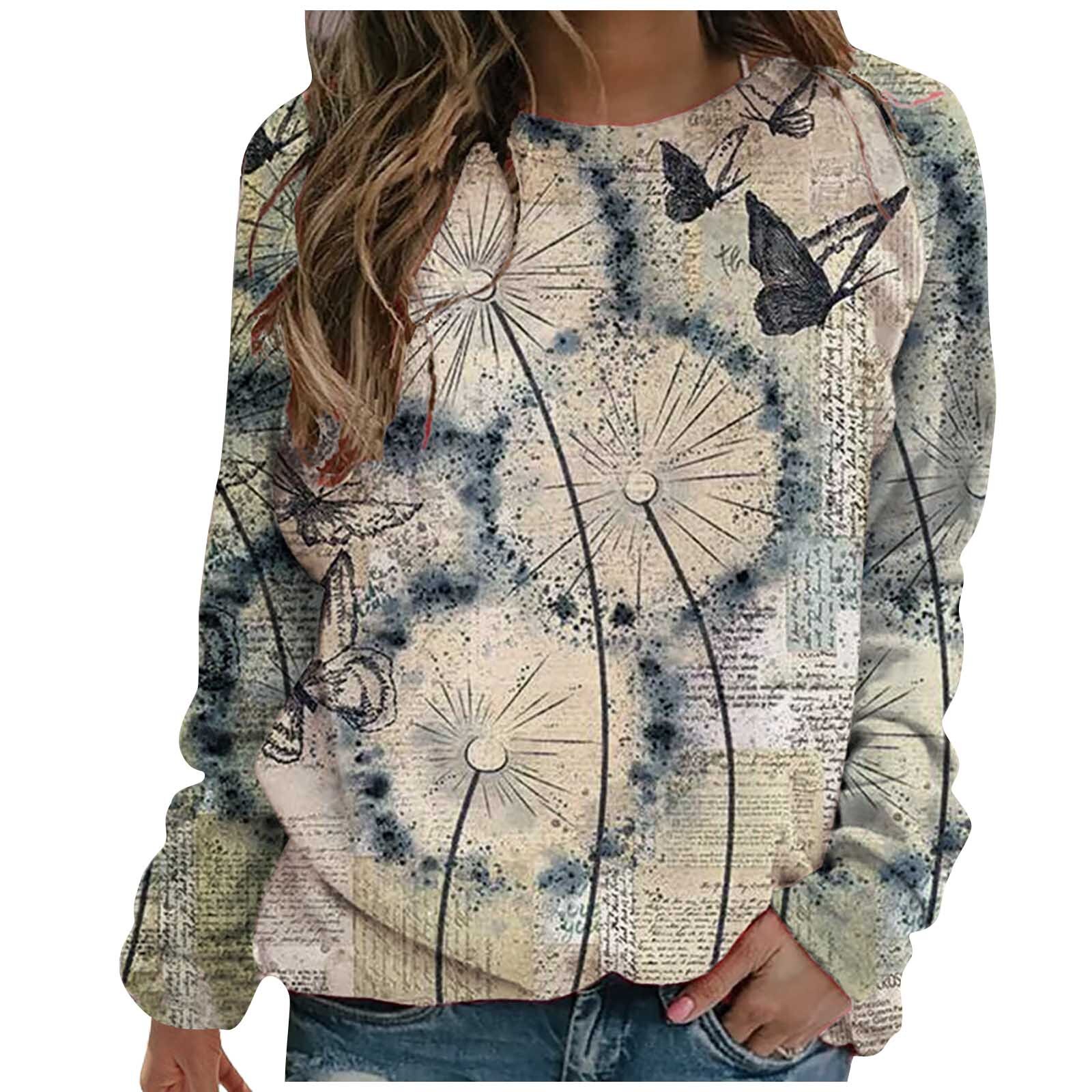 Flower Butterfly Printed Long Sleeve O-neck Pullover Tops Ladies T-shirt