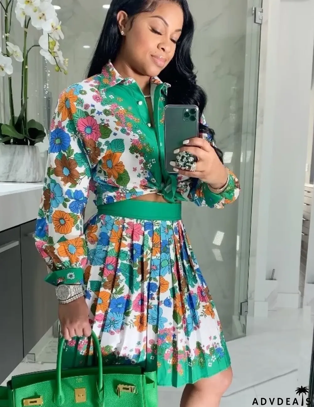 Autumn Print Retro Long Sleeve Blouse and Pleated Skirt Set