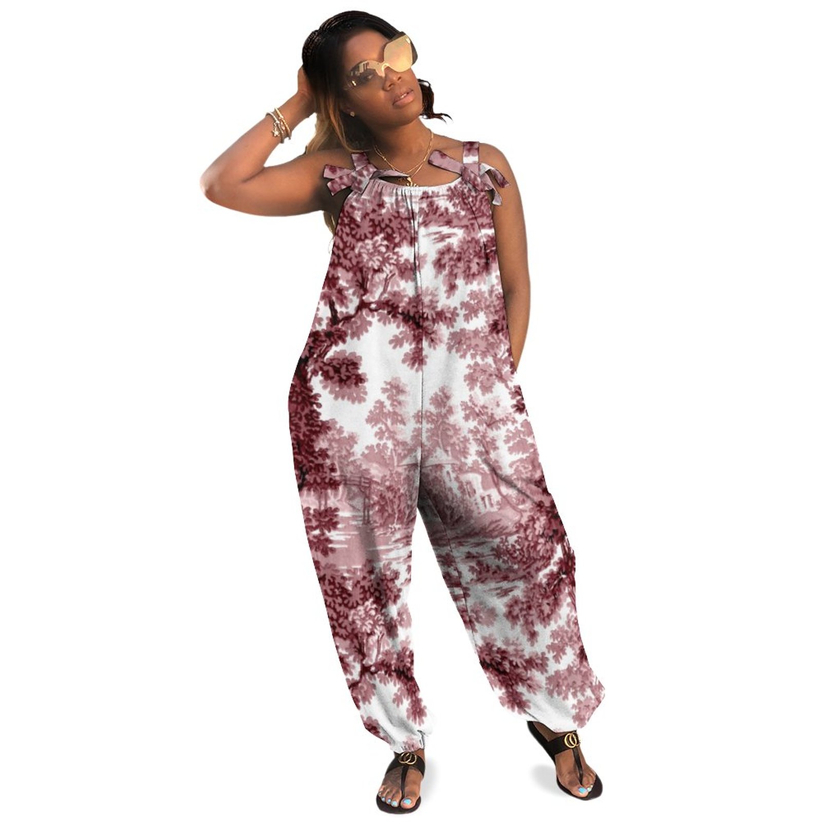 Vintage Cottage Landscape Toile Pink White Boho Vintage Loose Overall Corset Jumpsuit Without Top