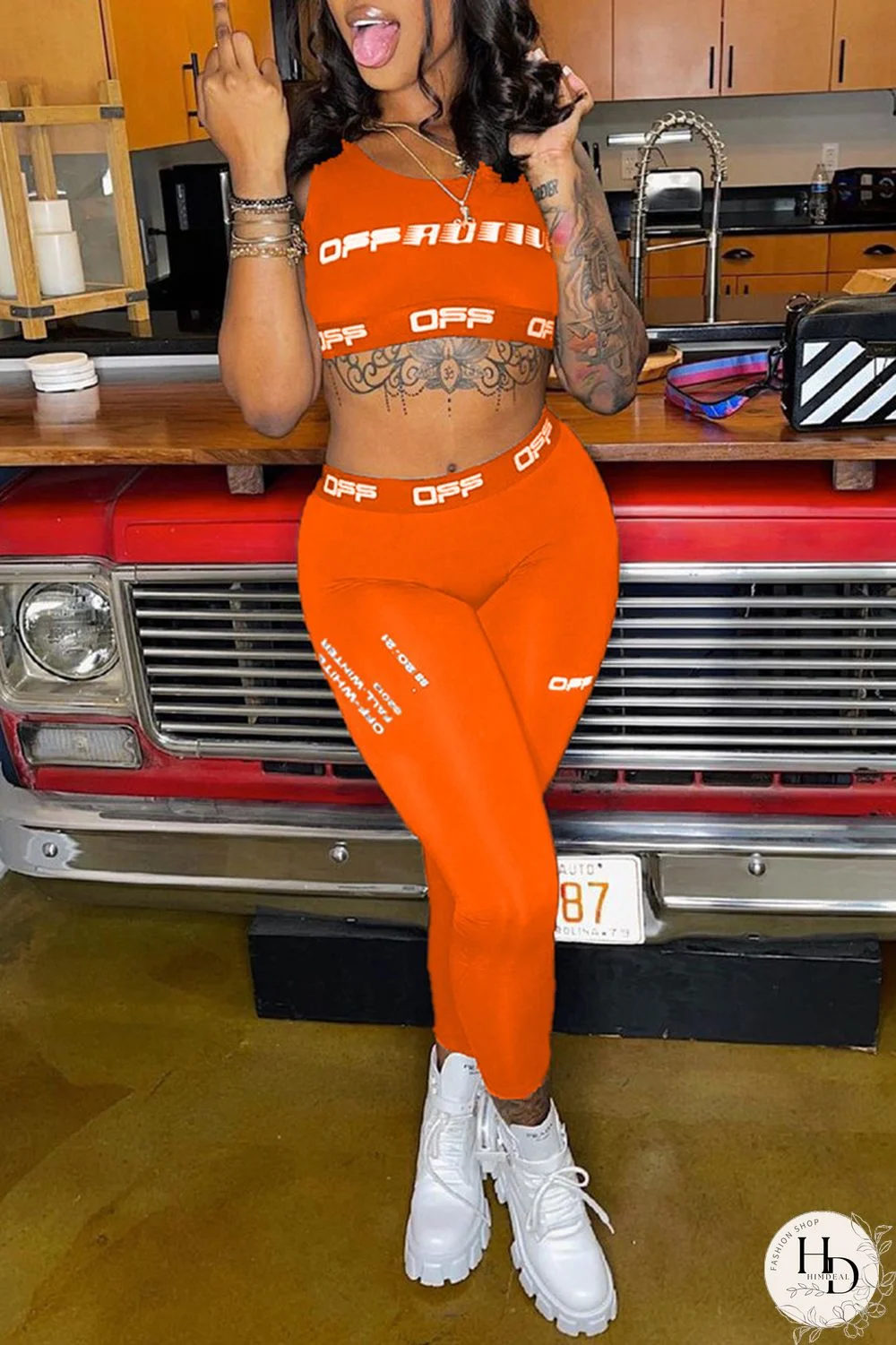 Orange Casual Sportswear Letter Print Vests Pants O Neck Sleeveless Two Pieces