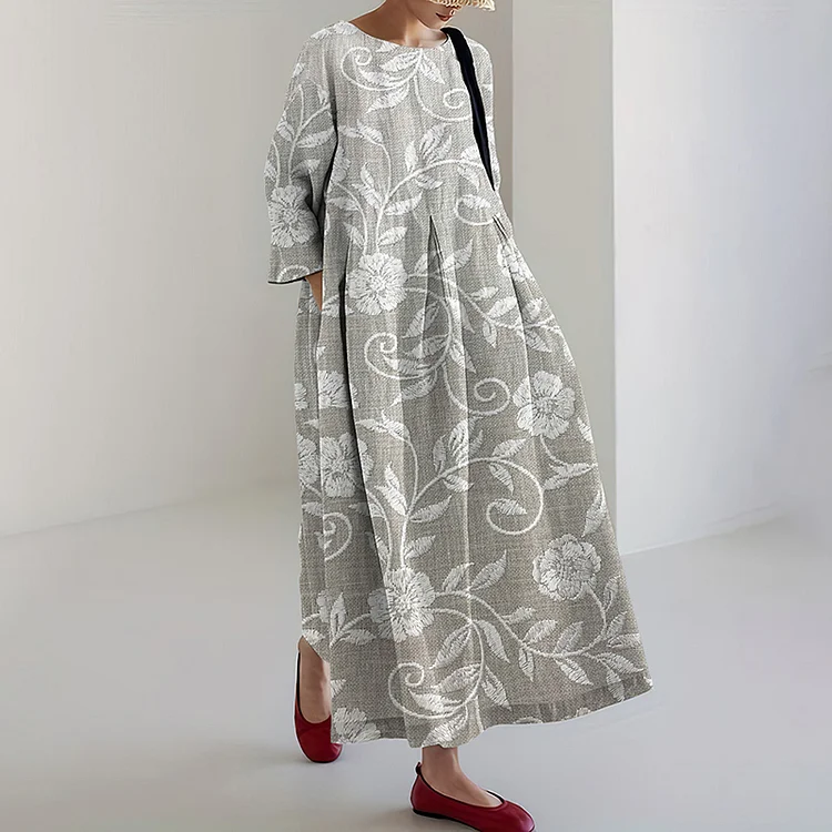 Floral Embroidery Print Long Sleeve Casual Midi Dress