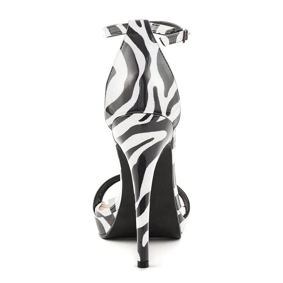 Zebra Print Ankle Strap Open Toe Stiletto Heels with Platform