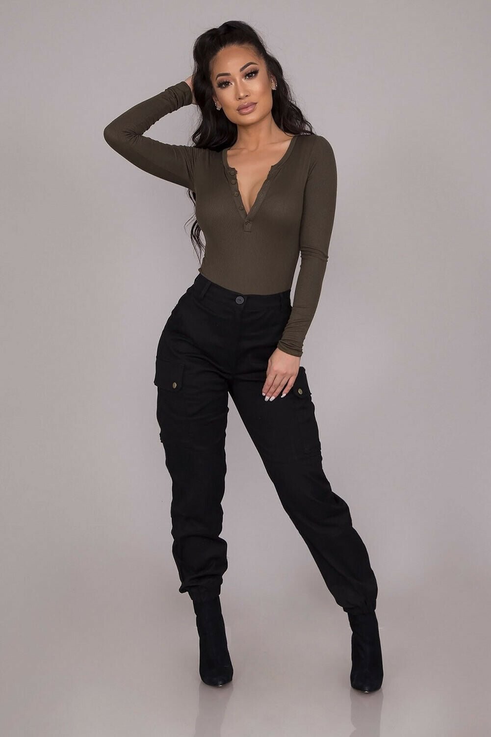 Stylish Women Cargo Pants High Waist Black Pants Button Pockets Design Gothic Style Trousers Solid Color Long Trouser Plus Size