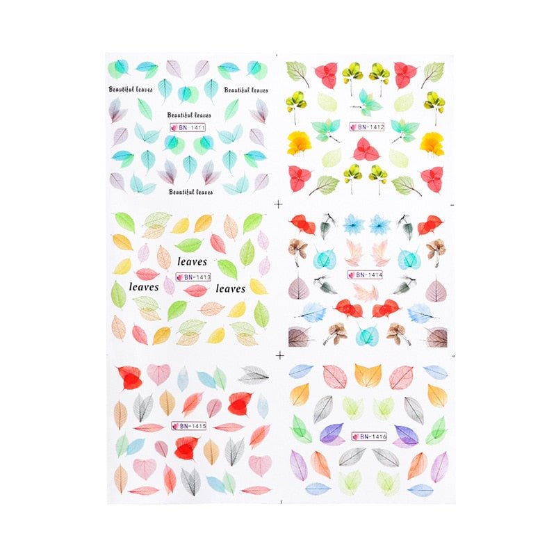 Nail Stickers Water Transfer Colorful Clear Leafs Designs 6Pcs/Set Nail Decal Decoration Tips For Beauty Salons