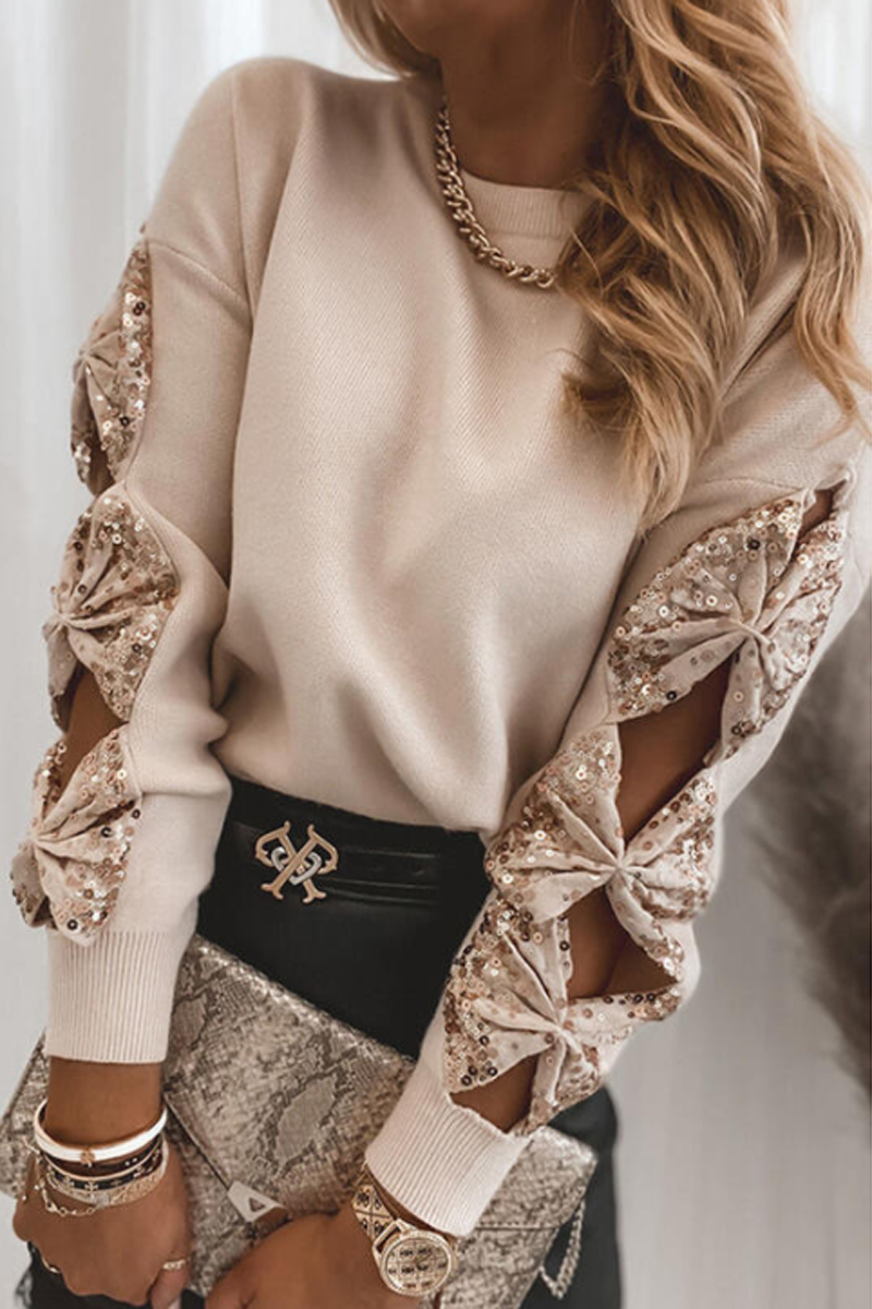 Solid Sequins Round Neck Casual Sweater