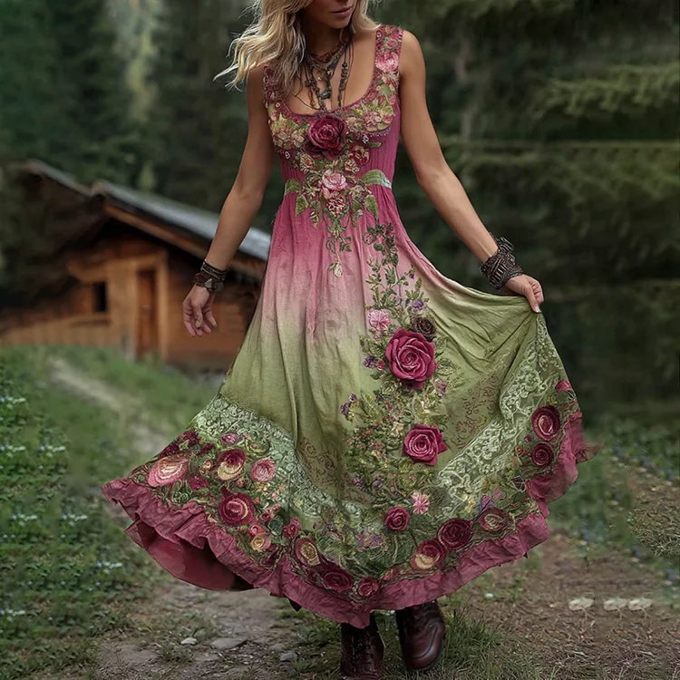 Classy Gradient Pink Roses Cancer Awareness Embroidered Linen Maxi Dress