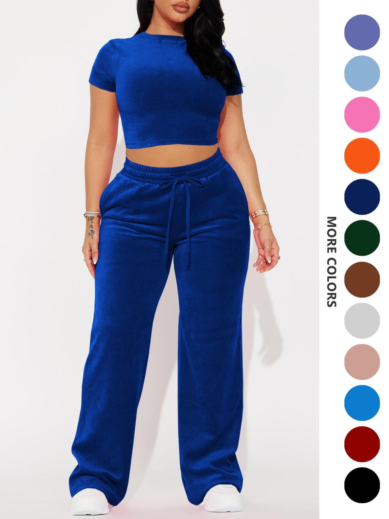 Two-piece Set Women's Solid Crop Tee & Drawstring Waist Pants Velvet Set, Casual Short Sleeve Round Neck T-shirt & Elastic Waist Trousers, Ladies Summer Clothes, Casual Matching Set Two-piece Set Women's Solid Crop Tee & Drawstring Waist Pants Velvet Set, Casual Short Sleeve Round Neck T-shirt & Elastic Waist Trousers, Ladies Summer Clothes, Casual Matching Set