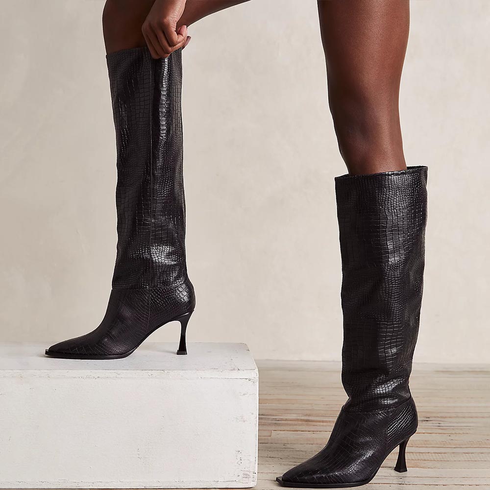 Black Snip Toe 3'' Kitten Heel Wide Calf Knee High Croc Embossed Boots Nicepairs