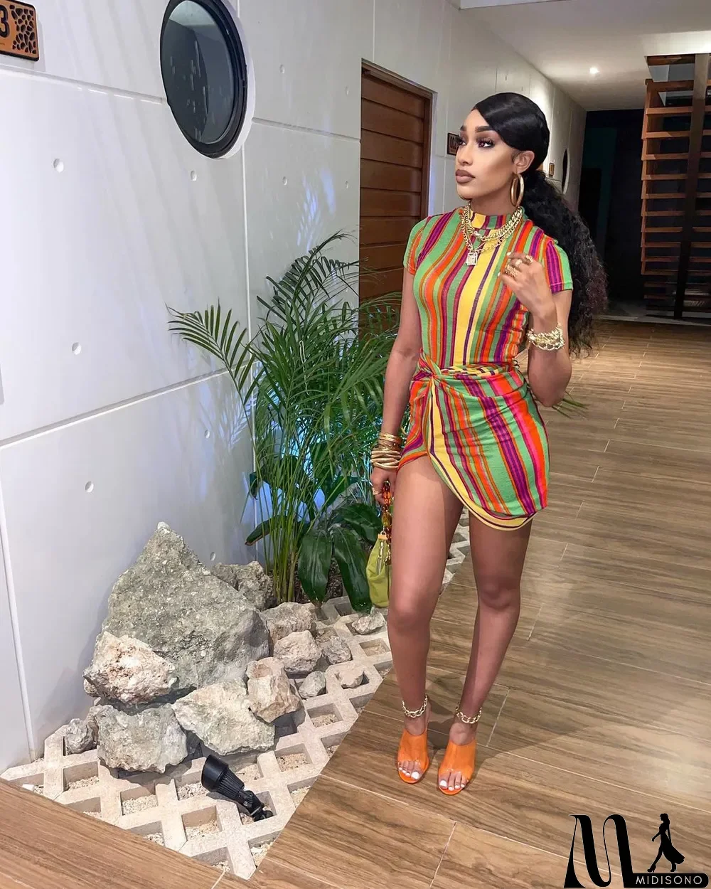 MidiSono - Casual Simple Color Striped Print Sexy Dress