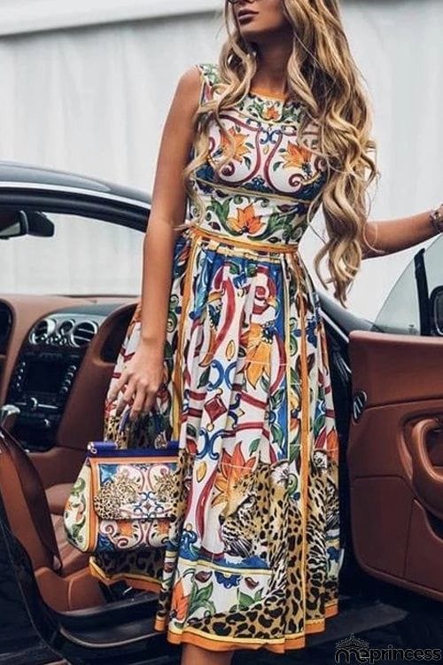 Bohemia Chic Printed O Neck Sleeveless Dress