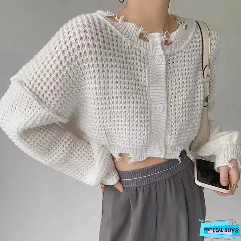 MEXZT Streetwear Women Hole Harajuku Cardigan Sweater Autumn Winter Hollow Out Korean Crop Tops Casual Long Sleeve Y2k Sweater