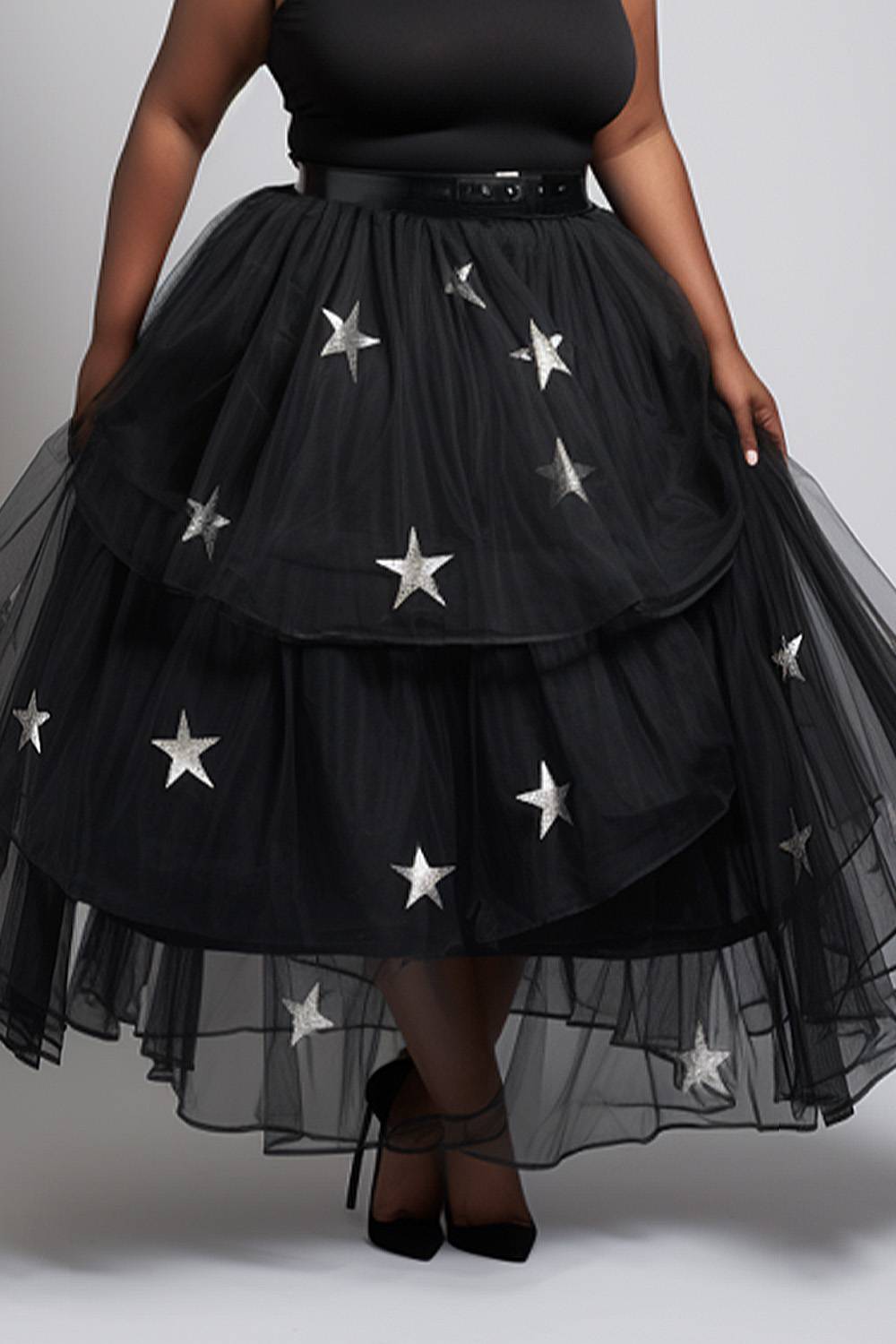 Design Plus Size Vacation Elegant Black Star Print Tulle Skirts [Pre-Order]