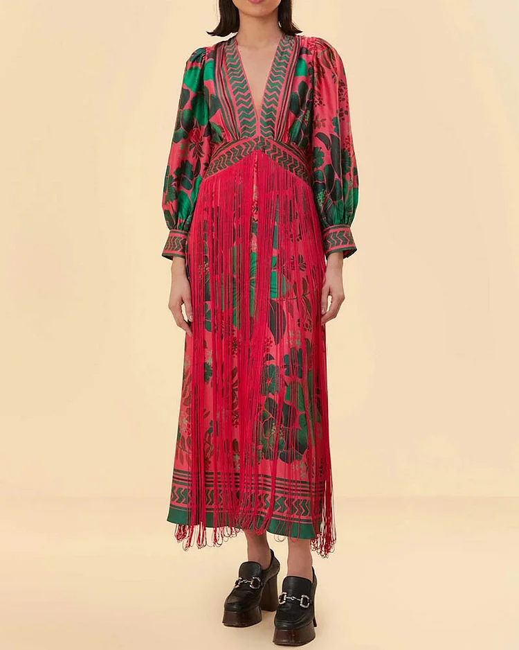 Women's Fashion Printed Loose Long Sleeve V-Neck Dress