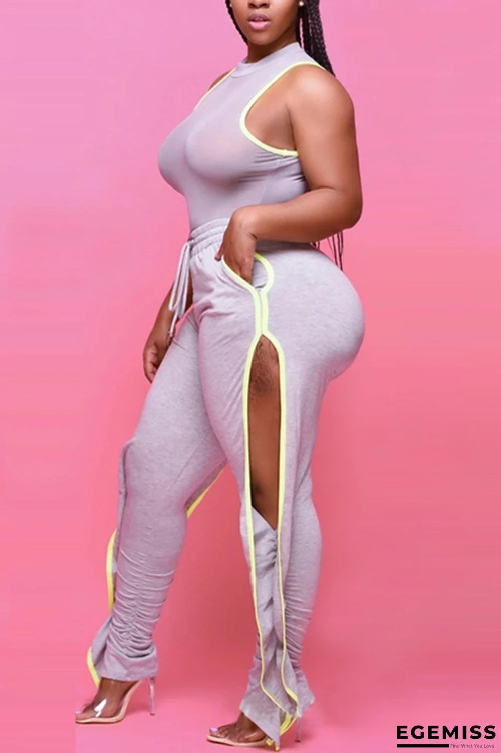 Grey Sexy Fashion Stitching Plus Size Trousers Set | EGEMISS