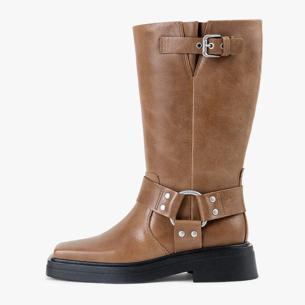 Brown Studded Buckle Strap Square Toe Low Heel Mid Calf Boots