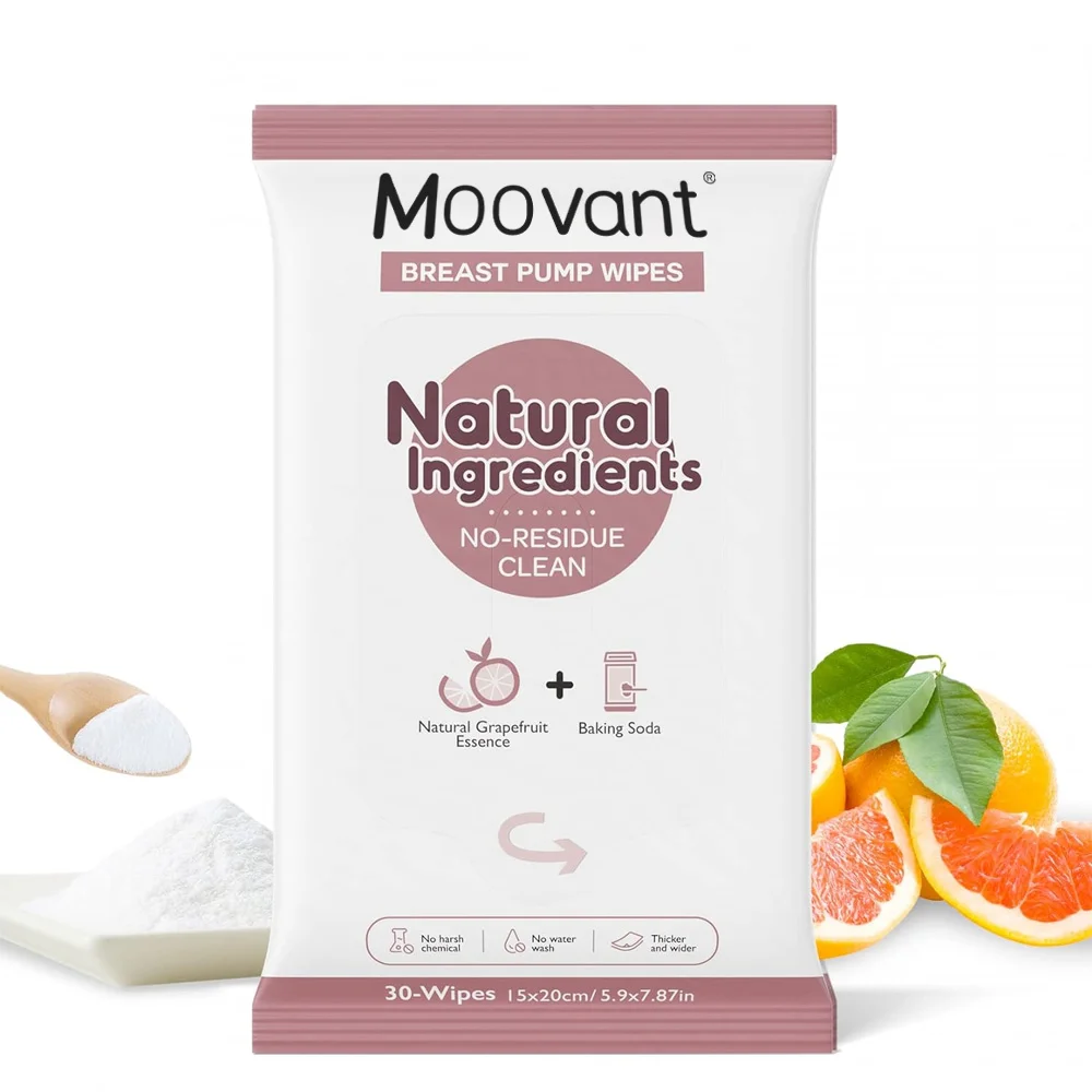 Moovant Natural Breast Pump Wipes for Pump Parts Cleaning On-the-go, 30 Count, Flash Clean & Resealable Pump Wipes, Leaves No Residue