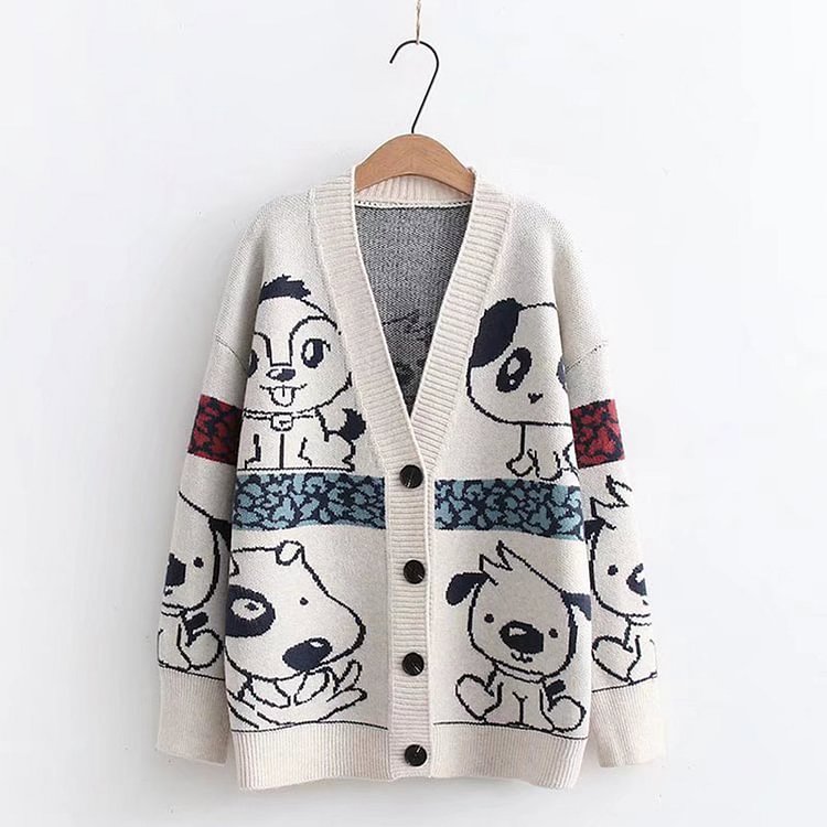 Cute Puppy Print Cardigan Sweater - Modakawa Modakawa
