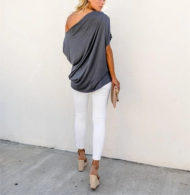Sexy Pure Color Slanted Shoulder Baggy Blouse T-Shirt