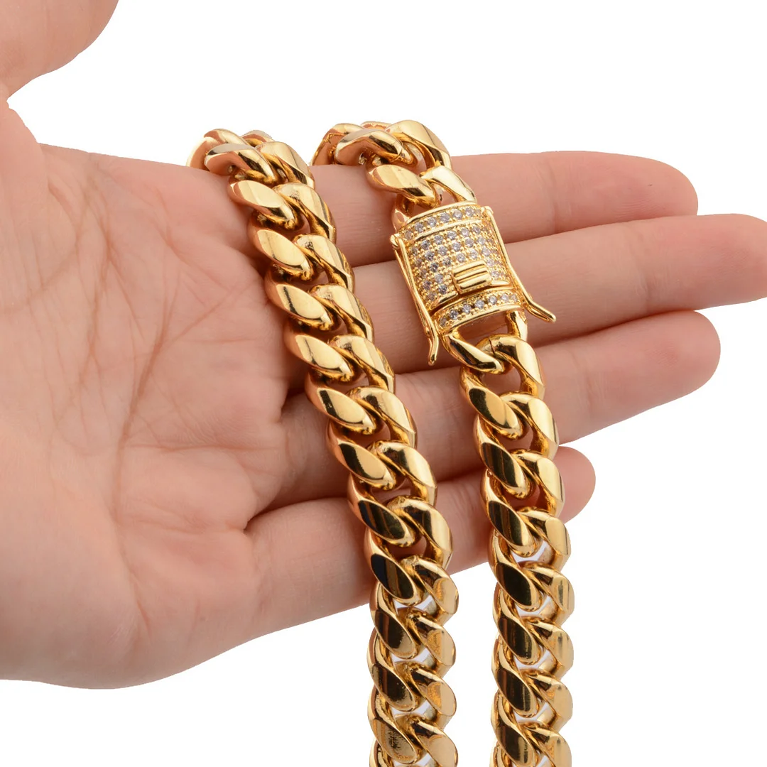 Mens Miami Cuban Link Chain 18K Gold 8-18mm Titanium Stainless Steel Curb Necklace with cz Diamond Chain Choker