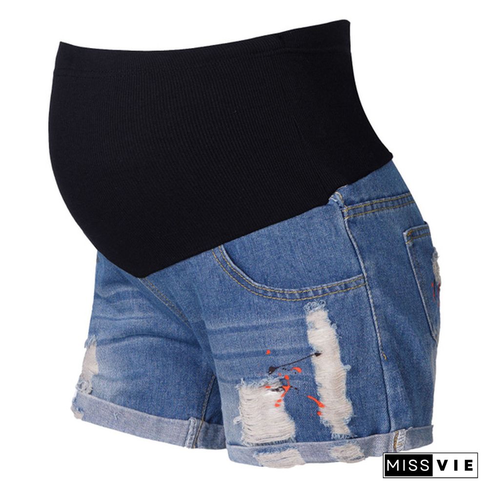 Summer Casual Denim Maternity Patchwork Belly Shorts Ripped Shorts for Pregnant Women