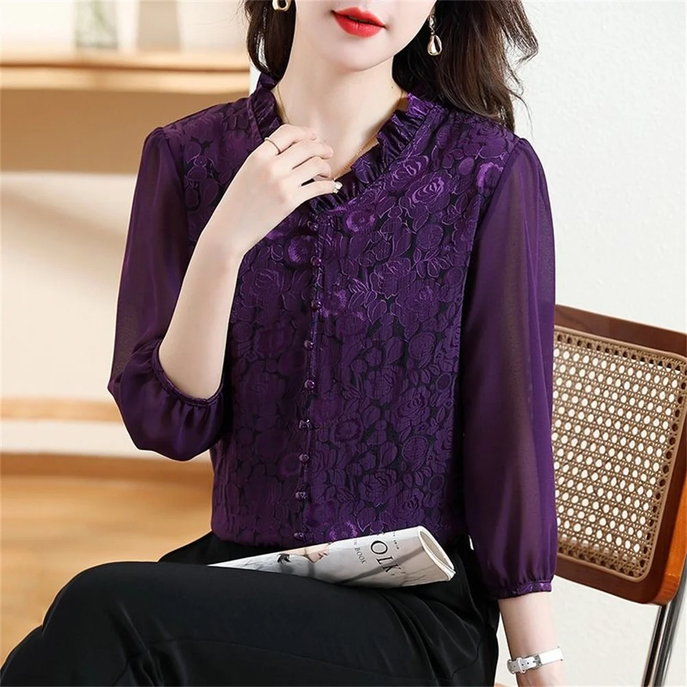 Ballifyex Women Spring Fashion Ruffles Chiffon Shirts 3/4 Sleeve  French Purple Vintage Lace Blouses Office Lady Elegant Casual Loose Tops