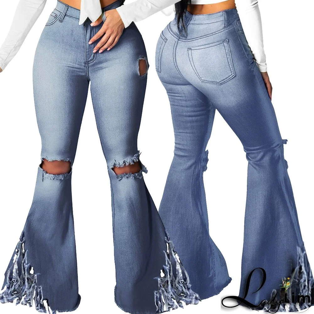 Plus Size Washed Blue Fringe Hem High Waisted Jeans